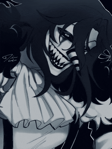 a black and white drawing of a clown with teeth and a scarf around his neck with the letter t on it