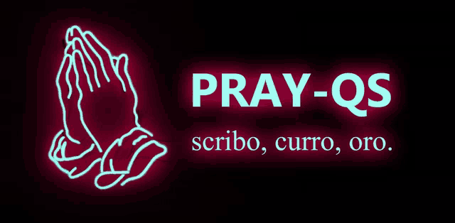 a neon sign that says pray-qs with a picture of praying hands