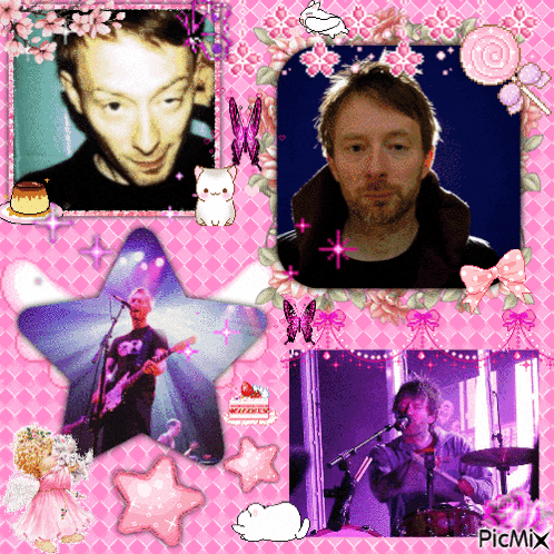 a picture of a man playing a guitar and singing into a microphone is surrounded by pink flowers and butterflies