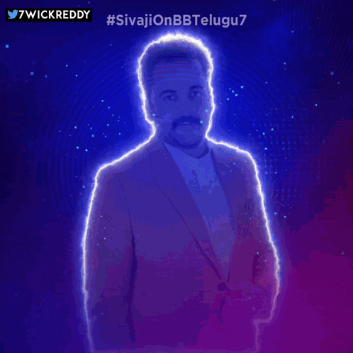 a man in an orange suit stands in front of a blue background with the words #sivajionbbtelugu7