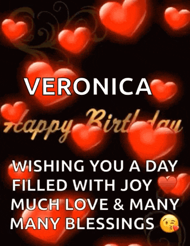 a happy birthday card for veronica with red hearts on a black background