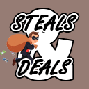 a logo for steals and deals with a thief carrying a bag