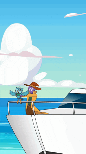 a cartoon drawing of a man standing on a boat with an owl on the deck