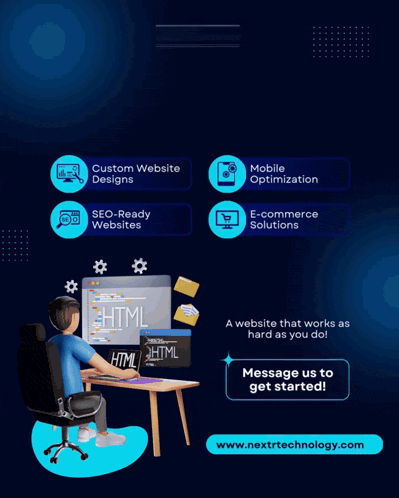 an advertisement for next technology shows a man sitting at a desk with a computer