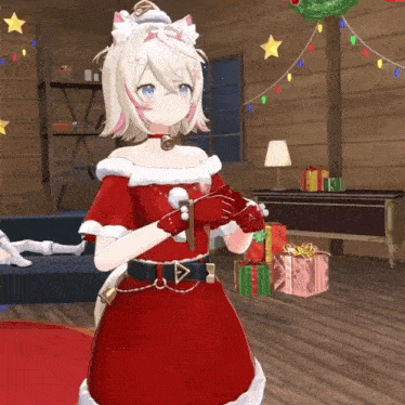 a girl in a santa outfit is holding a bell