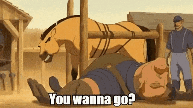a cartoon of a man laying on the ground with the words you wanna go