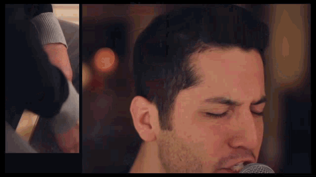 a close up of a man 's face with his eyes closed