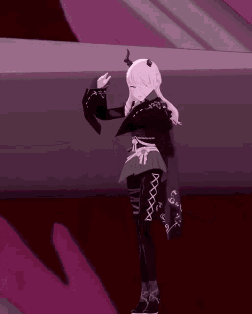 a 3d anime girl with horns is dancing on a stage in a dark room .