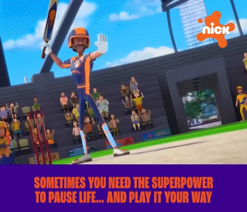 a cartoon of a cricket player with the words " sometimes you need the superpower to pause life ... and play it your way " below him