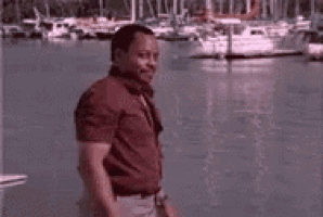 a man is standing in front of a body of water with boats in the background .