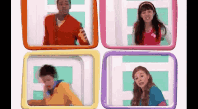 a group of children are standing in colorful frames with the letter f in the middle