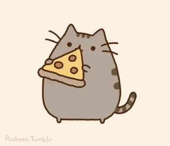 a cartoon cat is eating a piece of pizza .