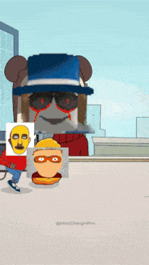 a cartoon of a man with a yellow face and a bear with a hat
