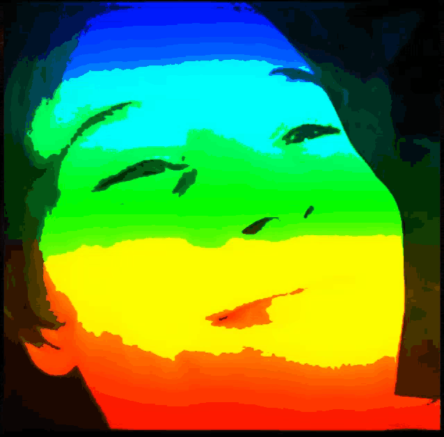 a painting of a person 's face with a rainbow of colors