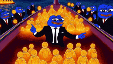 a cartoon of pepe the frog in a suit and tie surrounded by coins