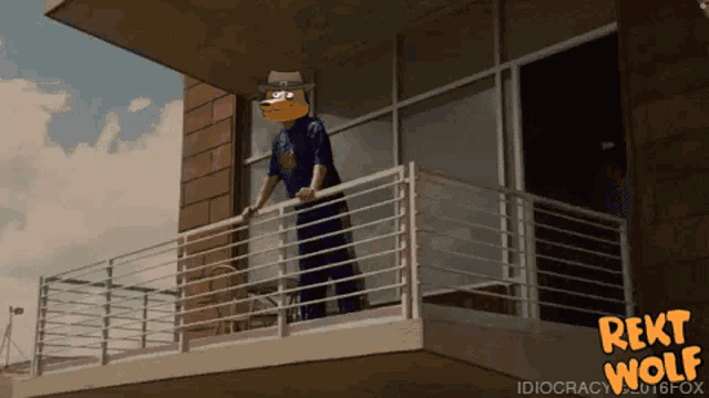 a cartoon of a man standing on a balcony with the words " reki wolf " on the bottom right
