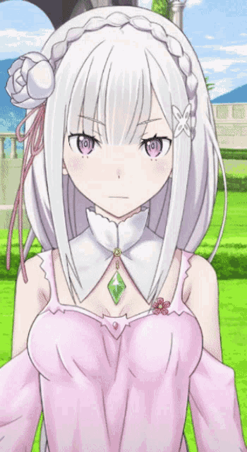 a girl with white hair and purple eyes wearing a pink dress