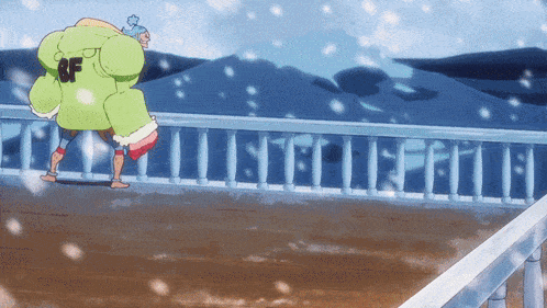 a cartoon character wearing a green jacket with the letter rf on it