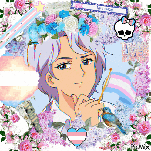 a picture of a boy with a flower crown on his head and a monster high logo