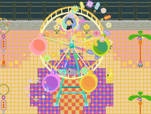 a pixel art of a ferris wheel surrounded by balloons and flowers
