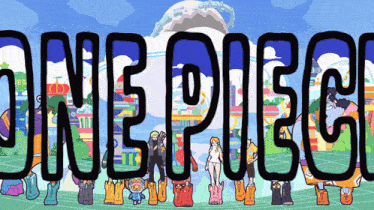 the word one piece that is on a cartoon background