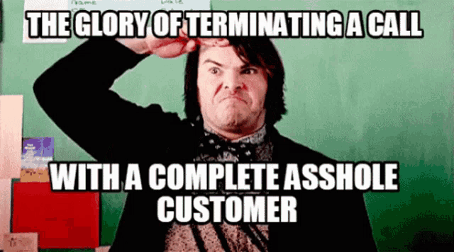 a man with his hand on his forehead with a caption that says " the glory of terminating a call