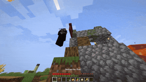 a screenshot of a minecraft game shows a person holding a netherlite axe in their hands