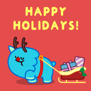 a blue animal pulling a sleigh full of presents with the words happy holidays written above it