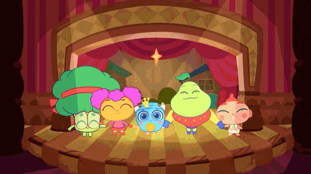 a group of cartoon characters are standing on a stage with a red curtain behind them