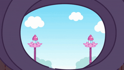 a cartoon frog is looking out of a window at a street light and clouds