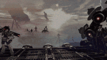 a video game scene with a robot holding a sword and a man holding a gun