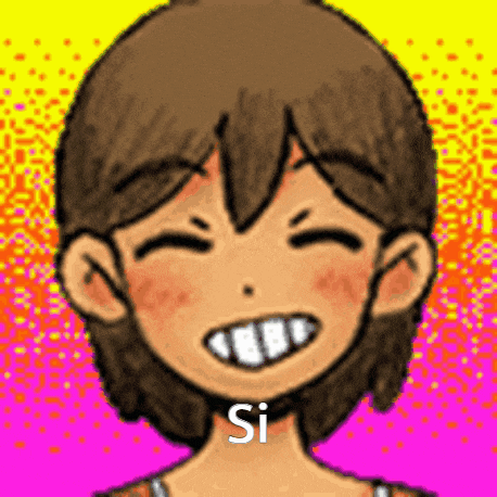 a cartoon girl with brown hair is smiling and making a funny face with a pink background .