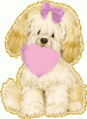a dog with a purple bow is holding a pink heart in its mouth