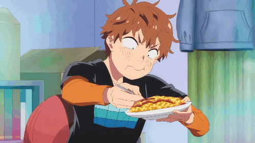 a cartoon character is eating a plate of food