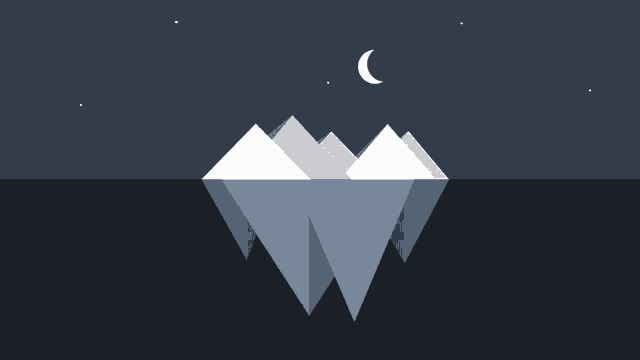an iceberg is floating in the ocean at night with a crescent moon in the sky