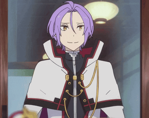 a purple haired anime character with a white jacket