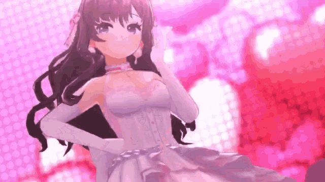 a girl in a white dress and gloves is standing in front of a pink background