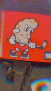a cartoon character is holding a hockey stick on a red background