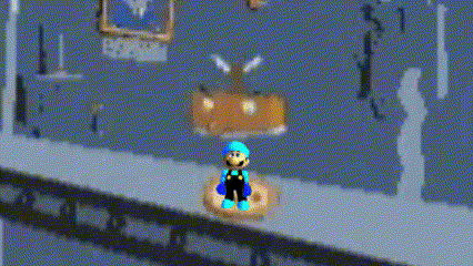 a cartoon character is standing on a platform in a room with a painting on the wall .