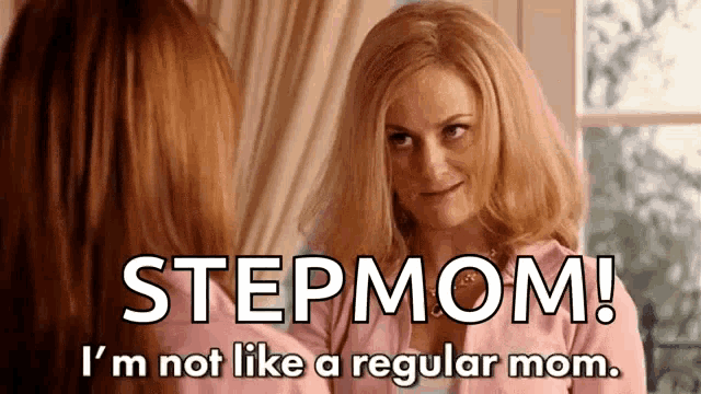 a woman in a pink shirt is looking at herself in the mirror and says stepmom i 'm not like a regular mom