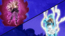 a red and a blue cartoon character are fighting each other in a battle .