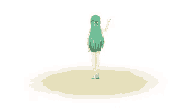 a girl with green hair is standing in a field and waving her hand