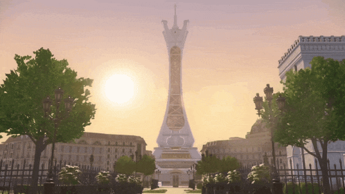 a large white tower with a cross on top is in the middle of a park