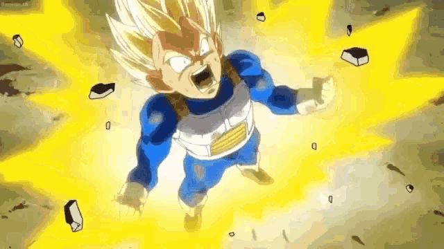 a young vegeta from dragon ball z is flying through the air with his mouth open and a yellow light behind him .