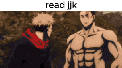 a cartoon of two men standing next to each other with the words read jjk on the bottom .