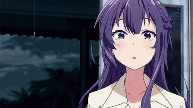 a purple haired anime girl is standing in front of a window .