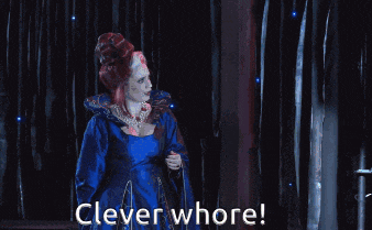 a woman in a blue dress is holding a knife and the words clever whore are above her