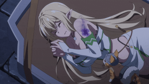 a blonde anime girl with a purple spot on her arm is laying on the ground