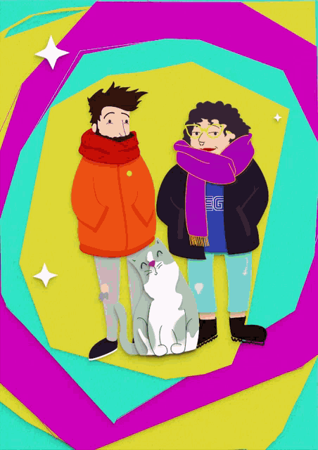 a cartoon of a man and woman standing next to a cat with the letter g on the shirt