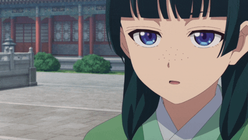 a girl with green hair and blue eyes stands in front of a chinese building